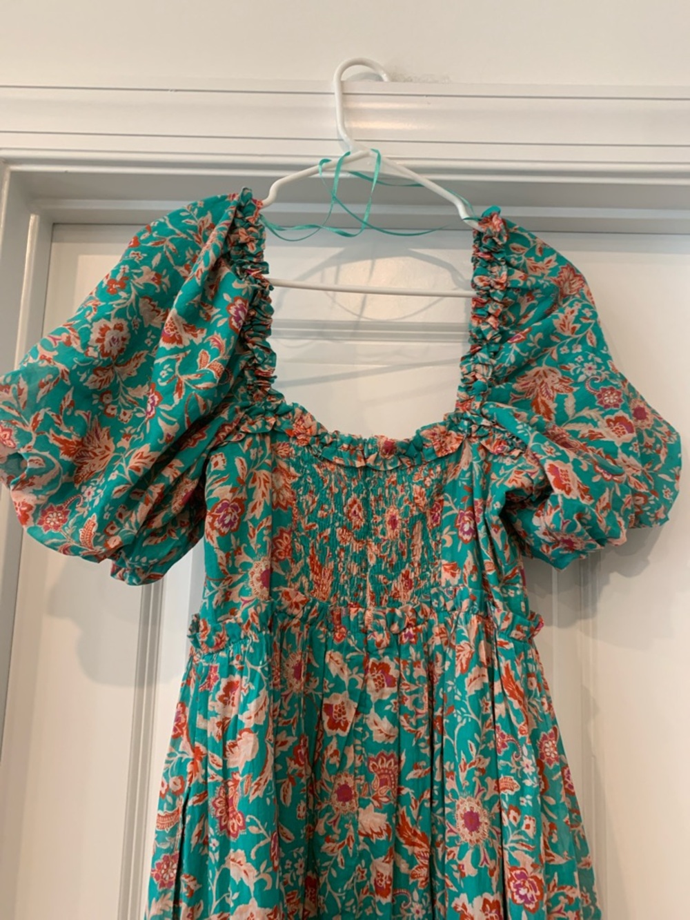 Fate Teal Floral Puff-Sleeve Midi  S Dress 100 percent cotton NWOT - Picture 9 of 13